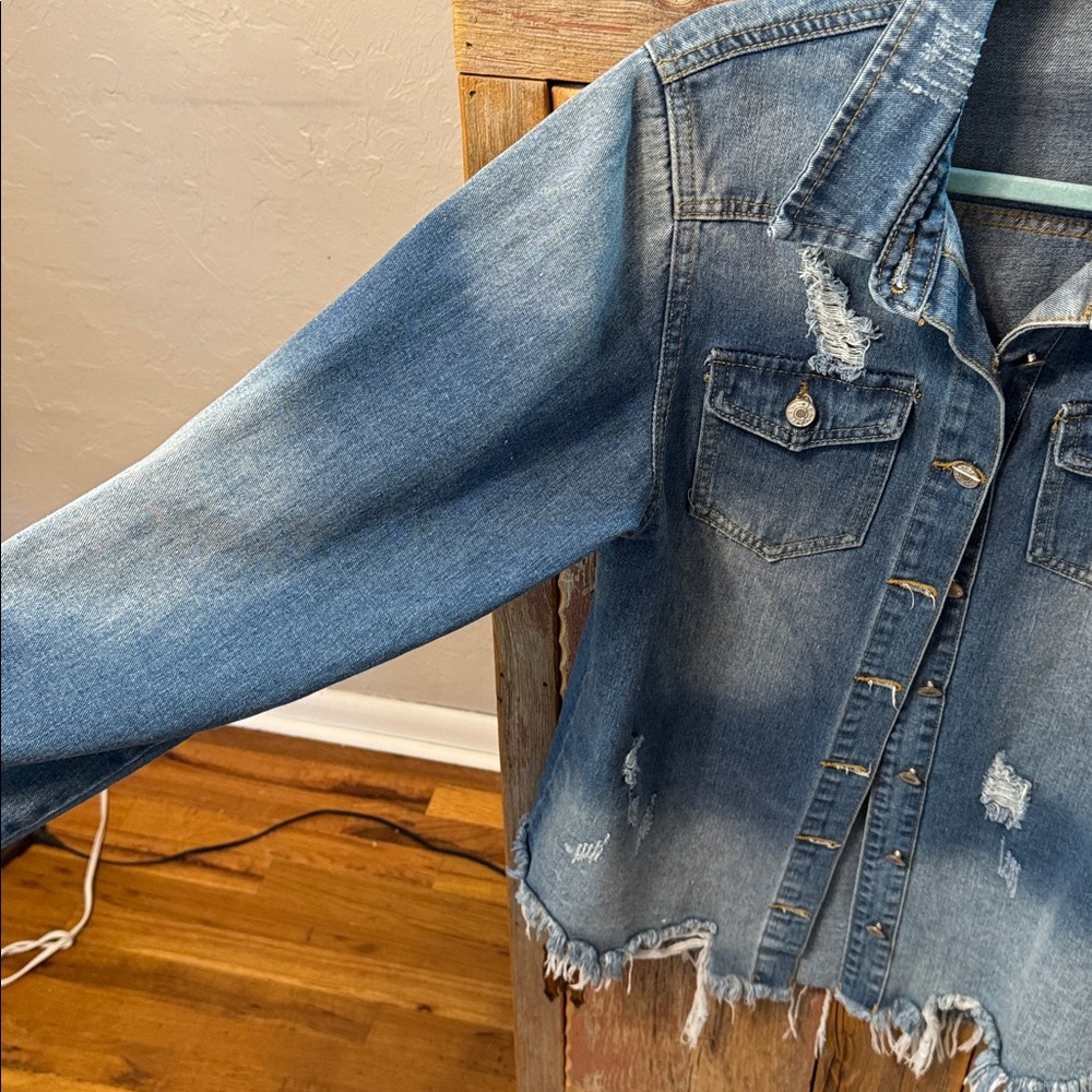 Distressed Denim Jacket / shacket. Raw edge. Perfect over dresses. Medium - Picture 6 of 14